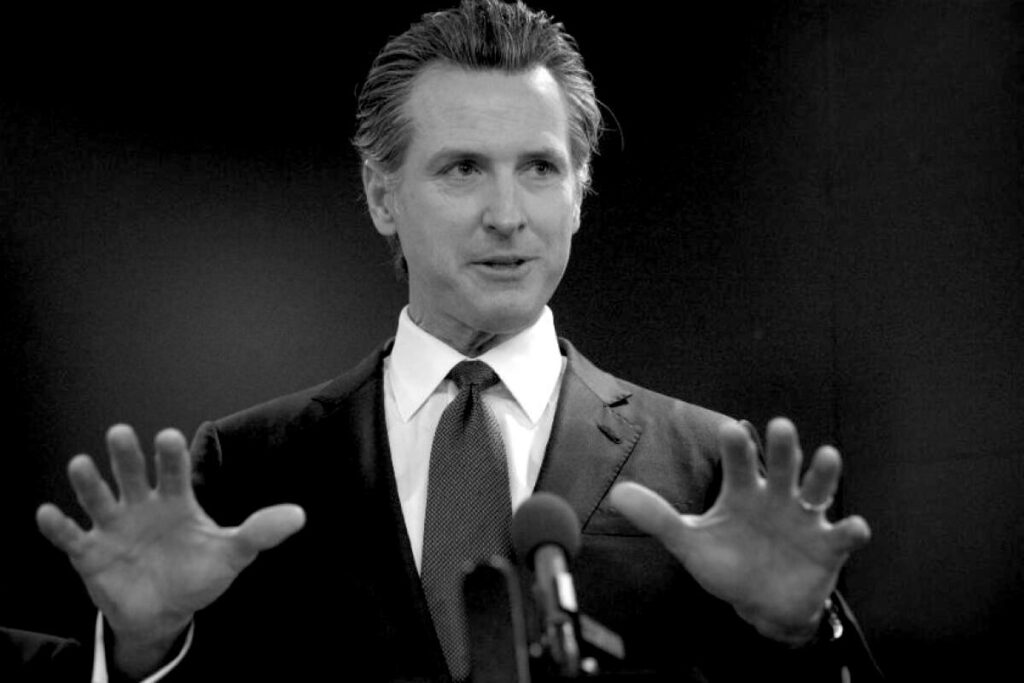 Black and white portrait of California Governor Gavin Newsom